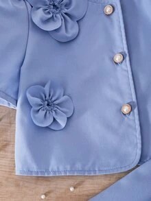 SHEIN Tween女孩 3件組淺藍色夏季婚禮禮服套裝，短袖短版開襟衫、無袖A字裙與貝雷帽，3D花卉裝飾 - 藍色 - 查看 9