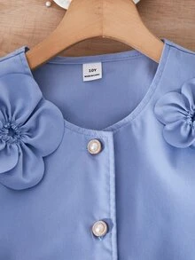 SHEIN Tween女孩 3件組淺藍色夏季婚禮禮服套裝，短袖短版開襟衫、無袖A字裙與貝雷帽，3D花卉裝飾 - 藍色 - 查看 11