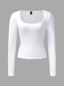 SHEIN Raffinéa 女性春夏實色方領長袖休閒T卹 - 白色 - 查看 11
