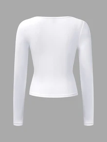 SHEIN Raffinéa 女性春夏實色方領長袖休閒T卹 - 白色 - 查看 12