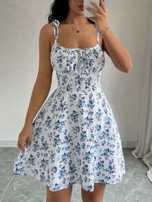 SHEIN Raffinéa Ladies' Spaghetti Strap Tie-Back Floral Print Pleated Cami Dress Mini Short Women Outfit - Blue and White - View 7