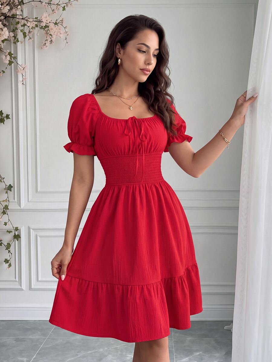 Rafferiza Vestido de manga abullonada con volantes y nudo delantero para el verano, ropa para Año Nuevo - Rojo - Ver 1