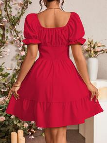 Rafferiza Vestido de manga abullonada con volantes y nudo delantero para el verano, ropa para Año Nuevo - Rojo - Ver 5