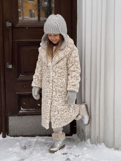 Girls' Winter Fuzzy Long Coat, Vintage Leopard Print Faux Fur Coat, Children's Snowy Weather Outdoor Wear, Long Fashionable Warm Coat