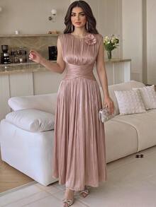 Feyla New Arrival Waist Ruched 3D Floral Elegant Romantic Vacation Dress - Dusty Pink - View 2
