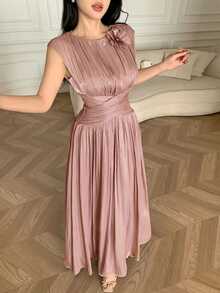 Feyla New Arrival Waist Ruched 3D Floral Elegant Romantic Vacation Dress - Dusty Pink - View 7