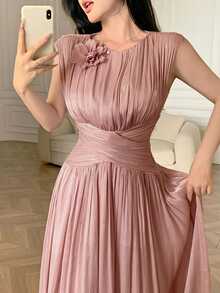Feyla New Arrival Waist Ruched 3D Floral Elegant Romantic Vacation Dress - Dusty Pink - View 5