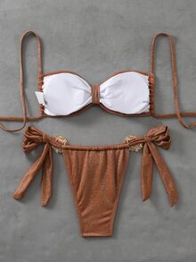 Swim SXY 女士夏季纯色闪亮金属外壳装饰吊带性感两件套比基尼套装 - 棕色 - 查看 4