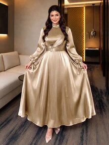 Auveirra Plus Size Elegant Party Waist-Cinching Dress Fall - Gold - View 9