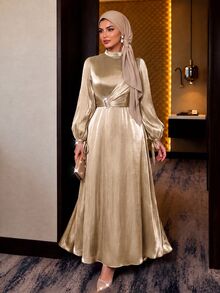Auveirra Plus Size Elegant Party Waist-Cinching Dress Fall - Gold - View 3