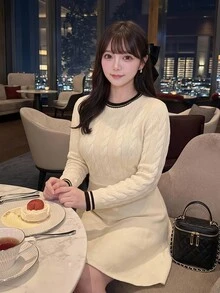 Bijouette 大尺碼女款拼色休閒日常針織洋裝 - 杏色 - 查看 2