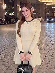 Bijouette 大尺碼女款拼色休閒日常針織洋裝 - 杏色 - 查看 12