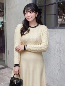 Bijouette 大尺碼女款拼色休閒日常針織洋裝 - 杏色 - 查看 10