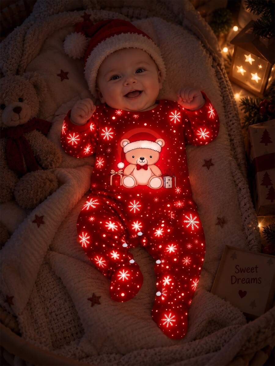 1件裝新生兒長袖連身連腳褲,可愛秋冬舒適柔軟聖誕紅全身雪花印花居家服,百搭時尚,新生兒最佳禮物首選 - 彩色 - 查看 1