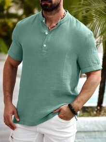Manfinity RSRT Men's Casual Cotton-Linen Shirt Summer Polo Collar Shirt - Olive Green - View 3