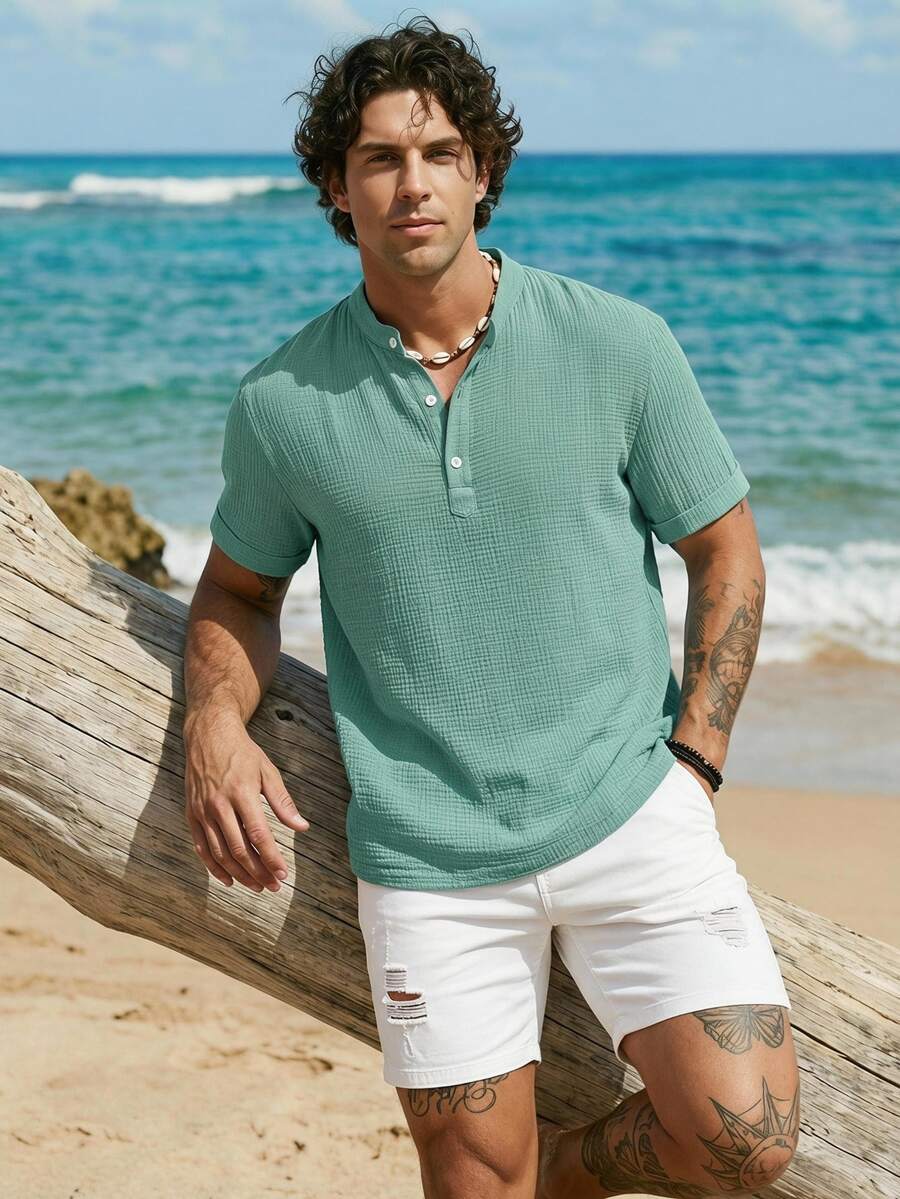 Manfinity RSRT Men's Casual Cotton-Linen Shirt Summer Polo Collar Shirt - Olive Green - View 1