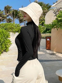DAZY جاكيت صالحة للنساء ذات لون أحادي مع طوق مزيف مرن وأكمام طويلة ضيقة، رياضية كاجوال، للربيع والخريف - الأسود - مشاهدة 9