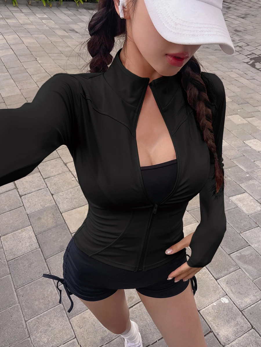 DAZY جاكيت صالحة للنساء ذات لون أحادي مع طوق مزيف مرن وأكمام طويلة ضيقة، رياضية كاجوال، للربيع والخريف - الأسود - مشاهدة 1