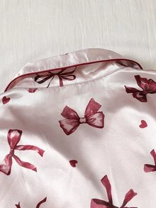 SHEIN Bộ 2 món đồ mặc nhà cho bé gái tuổi teen mùa Thu/Đông, màu đỏ lễ hội, áo tay dài vạt mở và quần satin cao cấp họa tiết nơ - Nhiều màu - Xem 10