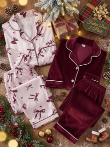 SHEIN Bộ 2 món đồ mặc nhà cho bé gái tuổi teen mùa Thu/Đông, màu đỏ lễ hội, áo tay dài vạt mở và quần satin cao cấp họa tiết nơ - Nhiều màu - Xem 1