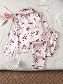 SHEIN Bộ 2 món đồ mặc nhà cho bé gái tuổi teen mùa Thu/Đông, màu đỏ lễ hội, áo tay dài vạt mở và quần satin cao cấp họa tiết nơ - Nhiều màu - Xem 2