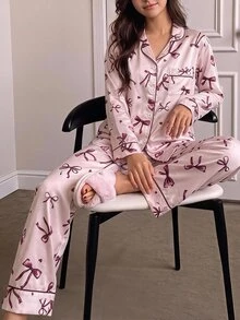 SHEIN Bộ 2 món đồ mặc nhà cho bé gái tuổi teen mùa Thu/Đông, màu đỏ lễ hội, áo tay dài vạt mở và quần satin cao cấp họa tiết nơ - Nhiều màu - Xem 9