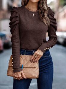 EMERY ROSE Women's Solid Color Minimalist Daily Mutton Leg Sleeve T-Shirt Fall Cloth For Women - Coffee Brown - View 3