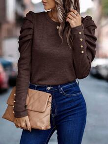 EMERY ROSE Women's Solid Color Minimalist Daily Mutton Leg Sleeve T-Shirt Fall Cloth For Women - Coffee Brown - View 6