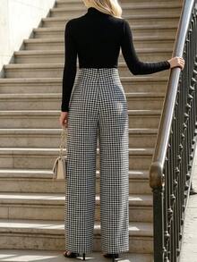 SHEIN LUNE Fall Clothes FOR WomenWomen's Fashion Commute Houndstooth High Waist Long Pants - Multicolor - View 2