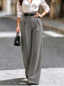 SHEIN LUNE Fall Clothes FOR WomenWomen's Fashion Commute Houndstooth High Waist Long Pants - Multicolor - View 7
