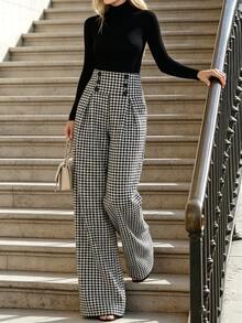 SHEIN LUNE Fall Clothes FOR WomenWomen's Fashion Commute Houndstooth High Waist Long Pants - Multicolor - View 1