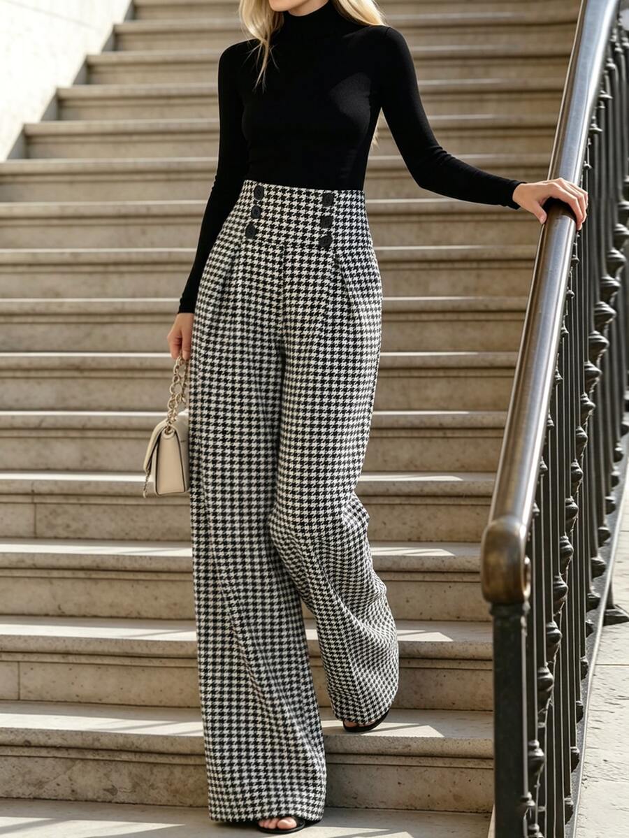 SHEIN LUNE Fall Clothes FOR WomenWomen's Fashion Commute Houndstooth High Waist Long Pants - Multicolor - View 1