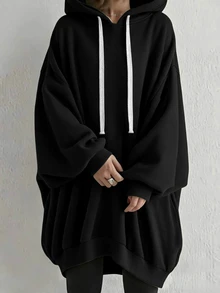 Airaco 大尺碼女款落肩長袖前拉鍊抽繩連帽運動衫 - 藏蓝色 - 查看 1