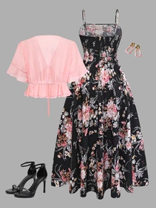 Franclia Bộ váy 2 mảnh voan chiffon hoa hồng phối màu thanh lịch, tay lỡ nhiều lớp, chi tiết bèo nhún, váy in họa tiết dây đeo, dáng rộng thoải mái, màu đen, mùa hè - Hồng - Xem 2