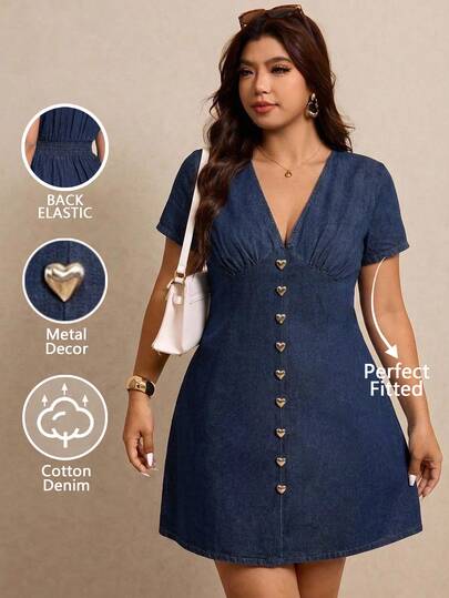 Elaquor Plus Size Women's V-Neck Short Sleeve Casual Denim Dress, Summer, Elegant, Commuter, Festival, Holiday, Party, Formal, Date, Vacation, Cute. Casual.
