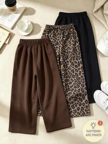 SHEIN 3件組女款寬腿直筒褲 秋冬新款時尚豹紋褲，焦糖色、深棕色與黑色，百搭混搭，適合外出、上學與旅行，舒適休閒 INS 風格秋冬新褲 - 彩色 - 查看 2
