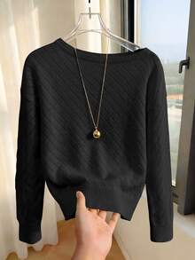SHEIN Asymmetrical Single Shoulder Knit Pullover | Cream Loose Drop Shoulder Sweater For Fall Winter - Black - View 4
