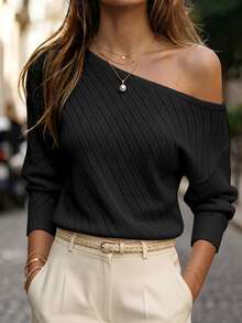 SHEIN Asymmetrical Single Shoulder Knit Pullover | Cream Loose Drop Shoulder Sweater For Fall Winter - Black - View 3