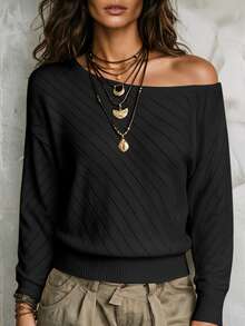 SHEIN Asymmetrical Single Shoulder Knit Pullover | Cream Loose Drop Shoulder Sweater For Fall Winter - Black - View 5