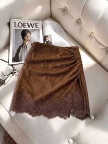 Muvela Women's Solid Color Pleated Contrast Lace Hem Elegant Skirt Frenchy Retro Trim Ruched Side Suede Brown Summer Thanksgiving Date Party - Brown - View 4
