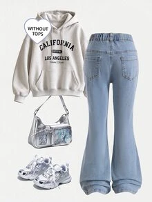 SHEIN Girls' Y2K Style Stretch Flare Leg Jeans, Distressed Ripped Raw Hem Vintage Denim Craft, Fashionable Versatile Suitable For All Seasons Autumn Fall - Medium Wash - View 5