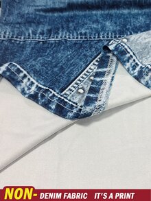 EMERY ROSE Denim Effect Vintage Casual American Ombre Stitching Rivet Design Cold Shoulder T-Shirt For Women Unique Spring Summer Vacation Light Blue - Blue - View 5