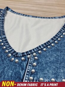 EMERY ROSE Denim Effect Vintage Casual American Ombre Stitching Rivet Design Cold Shoulder T-Shirt For Women Unique Spring Summer Vacation Light Blue - Blue - View 6