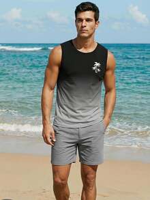 Manfinity RSRT Camiseta de tirantes de cuello redondo casual con estampado de palmeras y degradado para hombres de talla grande, ideal para verano y vacaciones - Multicolor - Ver 1