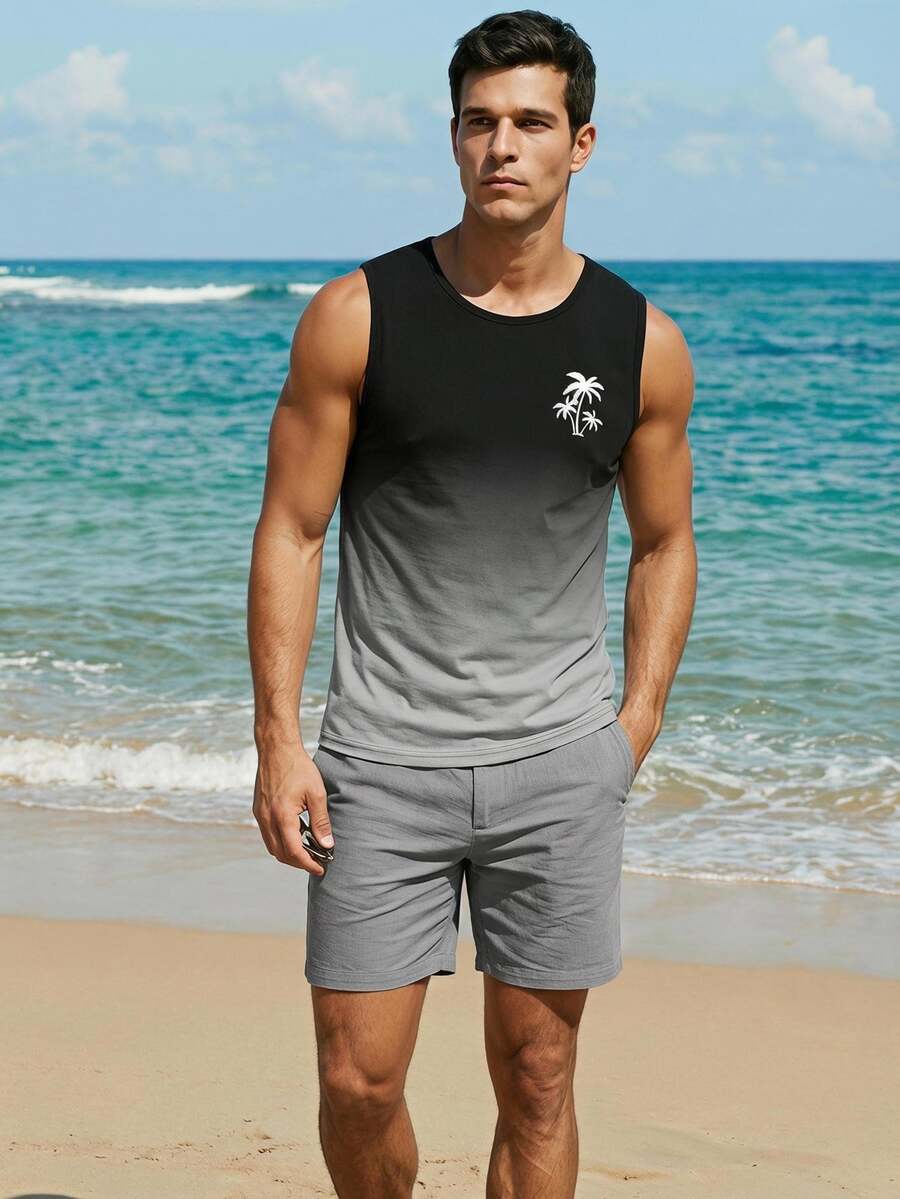 Manfinity RSRT Camiseta de tirantes de cuello redondo casual con estampado de palmeras y degradado para hombres de talla grande, ideal para verano y vacaciones - Multicolor - Ver 1