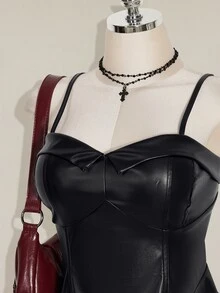 SHEIN ICON 女款大尺碼復古哥德風性感都市優雅個性Y2K黑色PU吊帶裙裝 秋季萬聖節派對夜店穿搭 - 黑色 - 查看 5