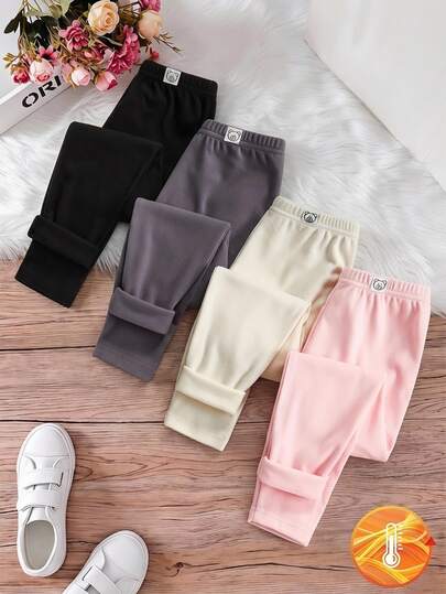 SHEIN 4 st leggings för unga flickor, nya back-to-school svarta och vita fodrade byxor för höst/vinter, med söt björndekor, i tyg, för dagligt bruk, mysig presentuppsättning