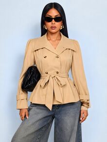 SOLERSUN Women's Khaki Double Breasted Trench Coat, Waist Tie Belt Pleated Shoulder Casual Versatile Jacket, Elegant Old Money Office Fall Winter - Khaki - View 3