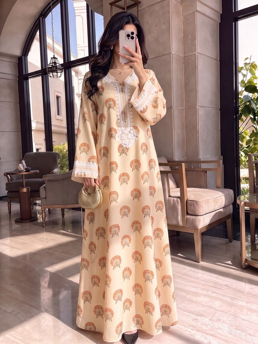 Al Najma 女款米色復古端莊扇形花卉仿蕾絲印花V領長袖優雅阿拉伯風長洋裝,適合秋季休閒度假、假期與婚禮 - 彩色 - 查看 1