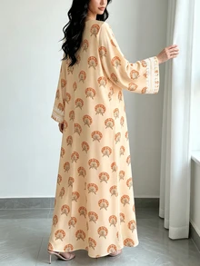 Al Najma 女款米色復古端莊扇形花卉仿蕾絲印花V領長袖優雅阿拉伯風長洋裝，適合秋季休閒度假、假期與婚禮 - 彩色 - 查看 2
